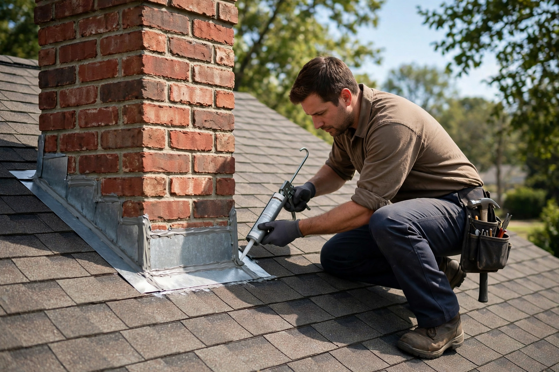 Roofer repairing metal flashing around a brick chimney