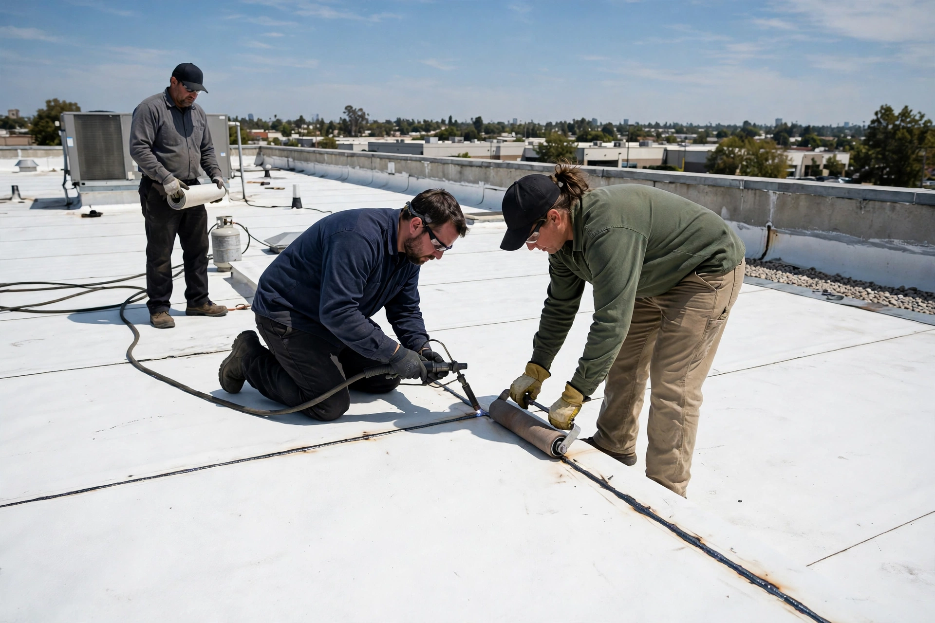 Workers heat-welding TPO membrane seams on a commercial flat roof