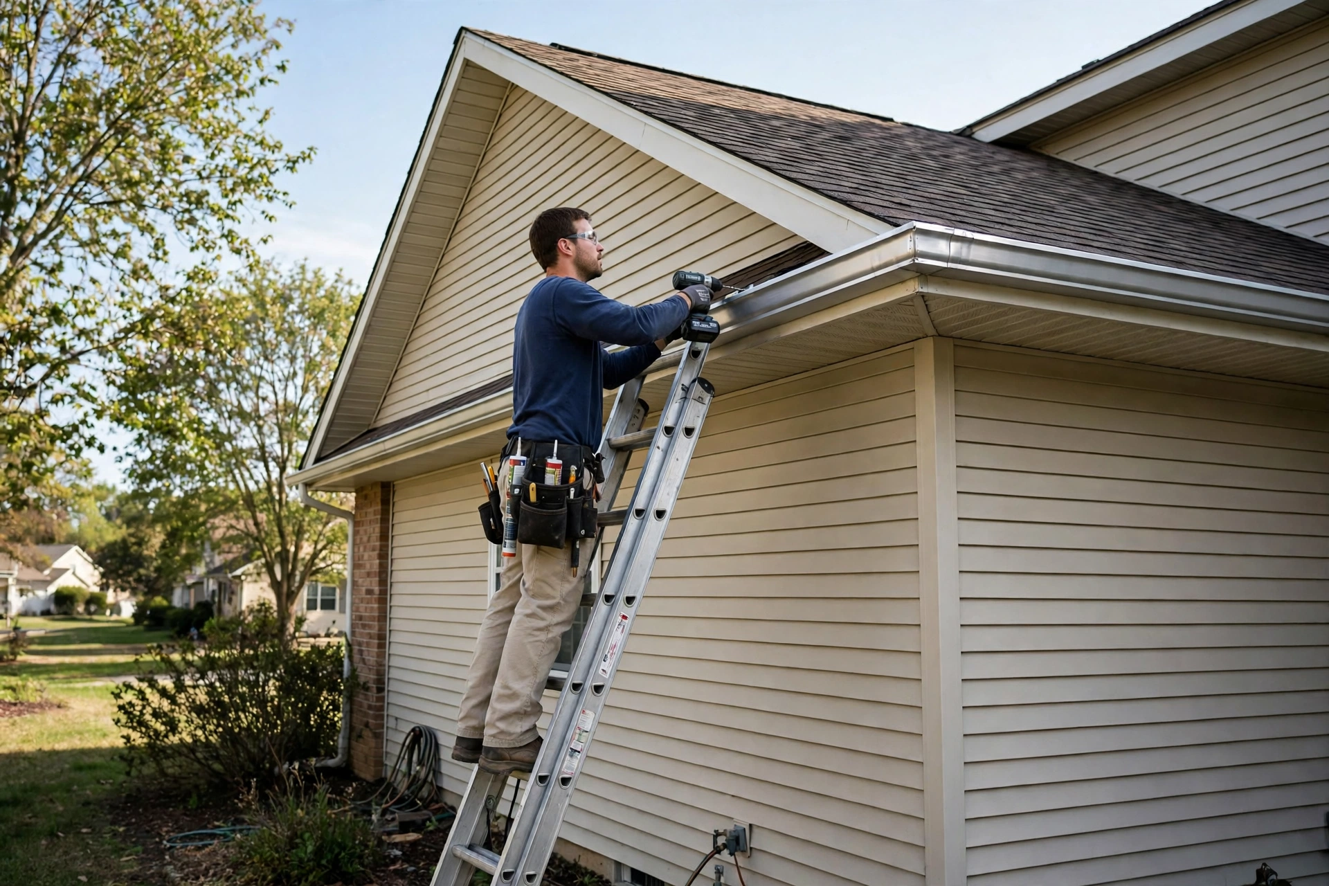 Installer mounting a seamless aluminum gutter on a house