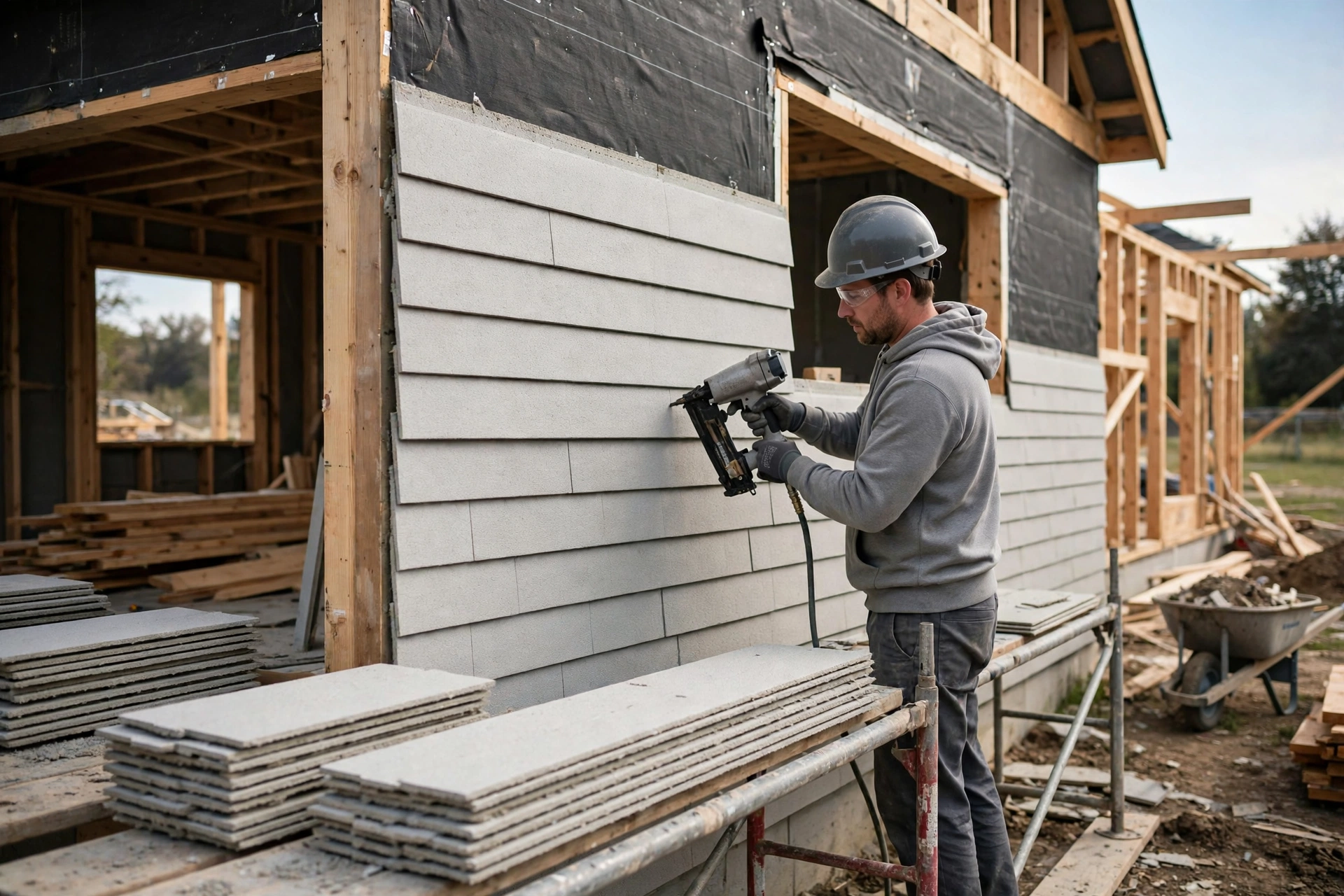 Worker installing James Hardie fiber cement siding boards