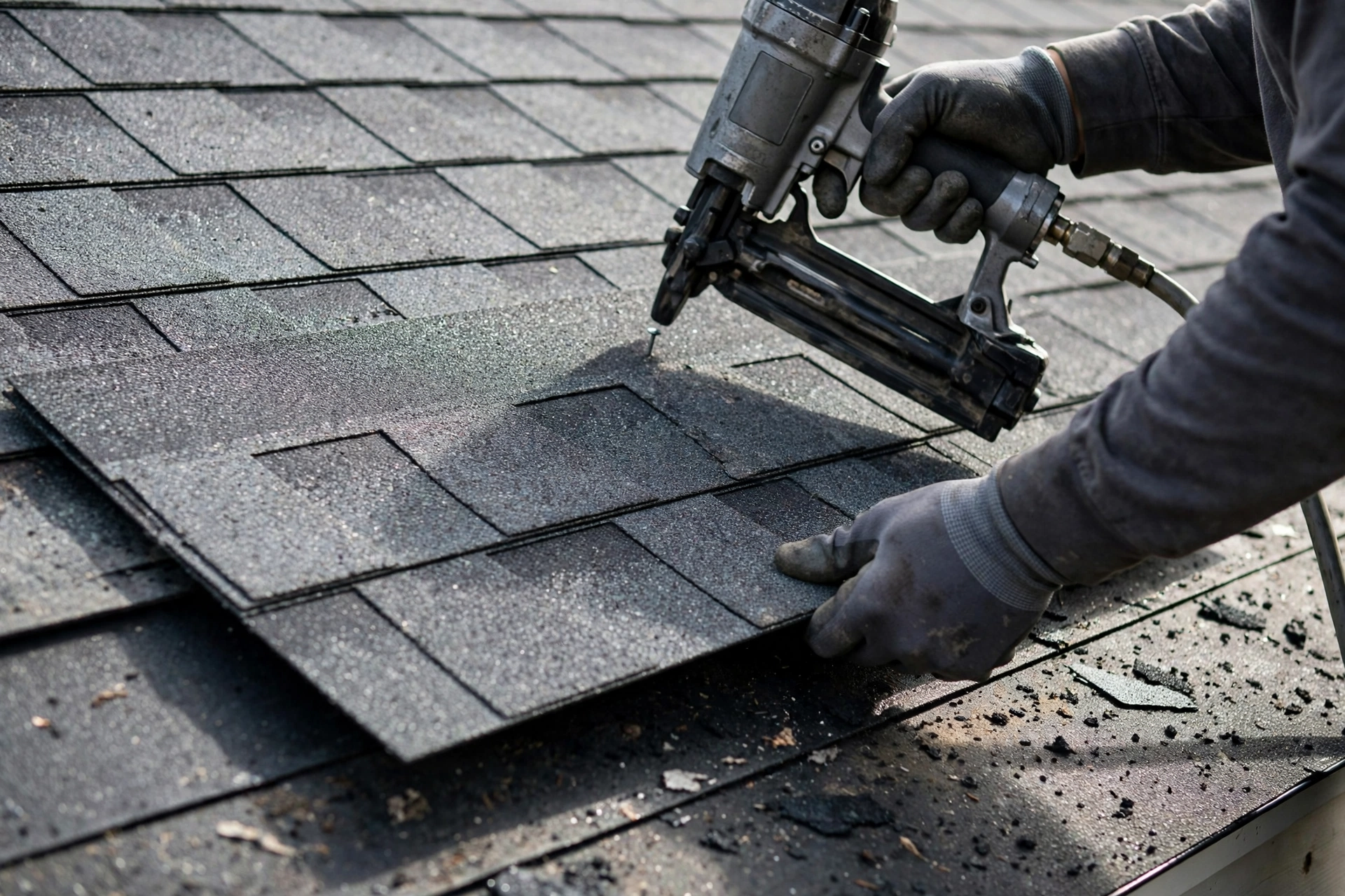 Architectural asphalt shingles being installed on a roof