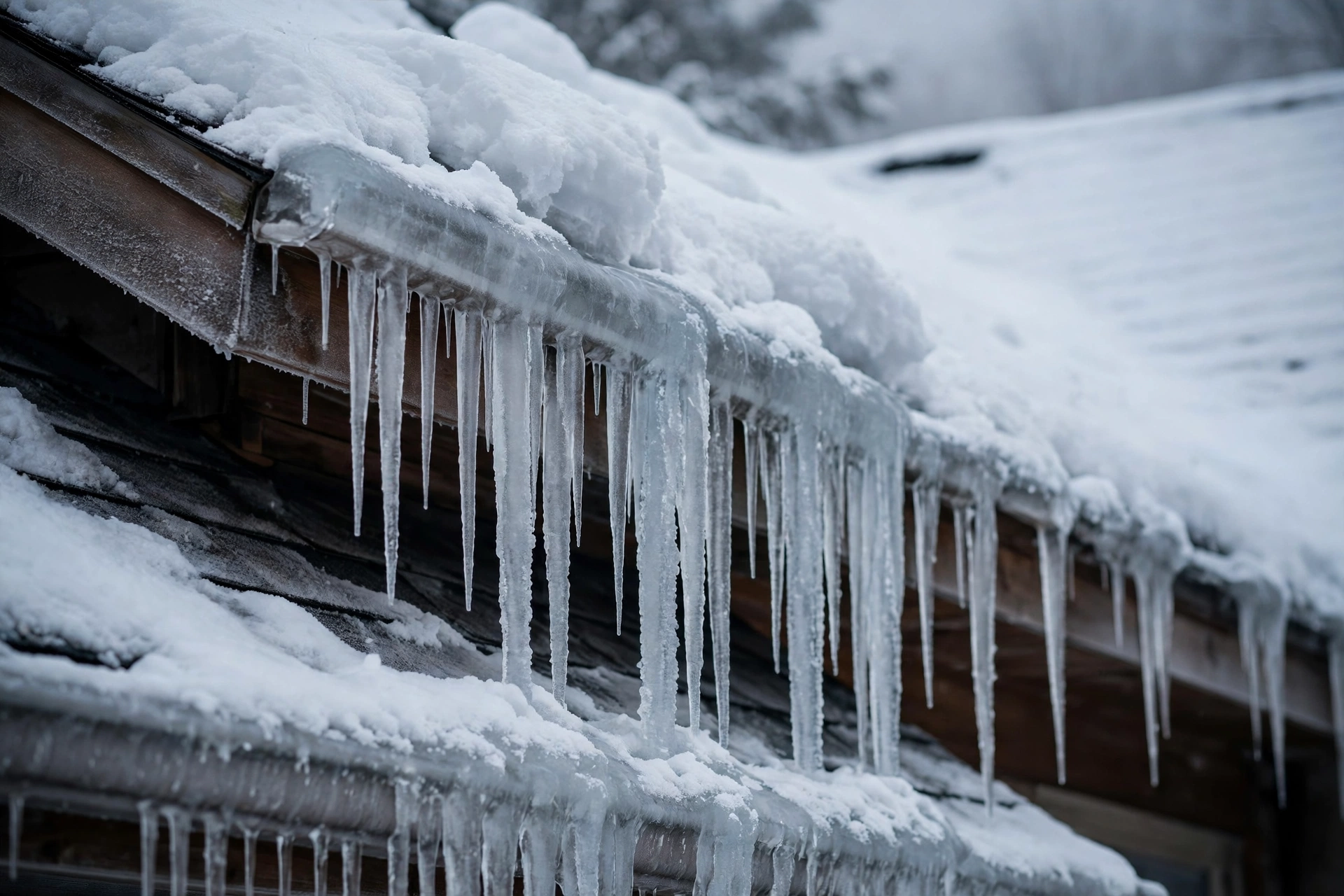 Snowy roof edge with icicles and an ice dam