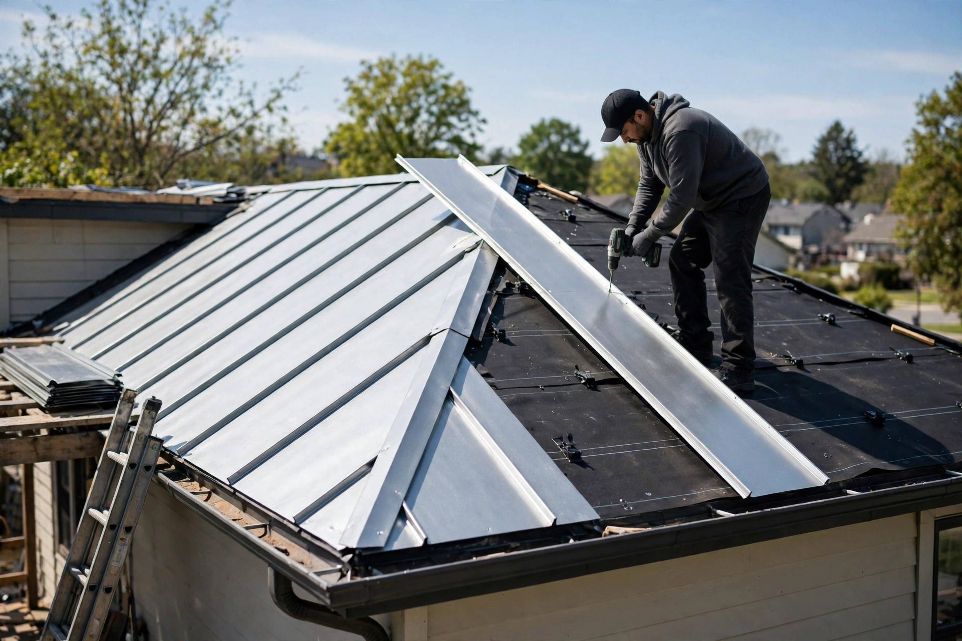 Standing seam metal roof panels being installed on a house
