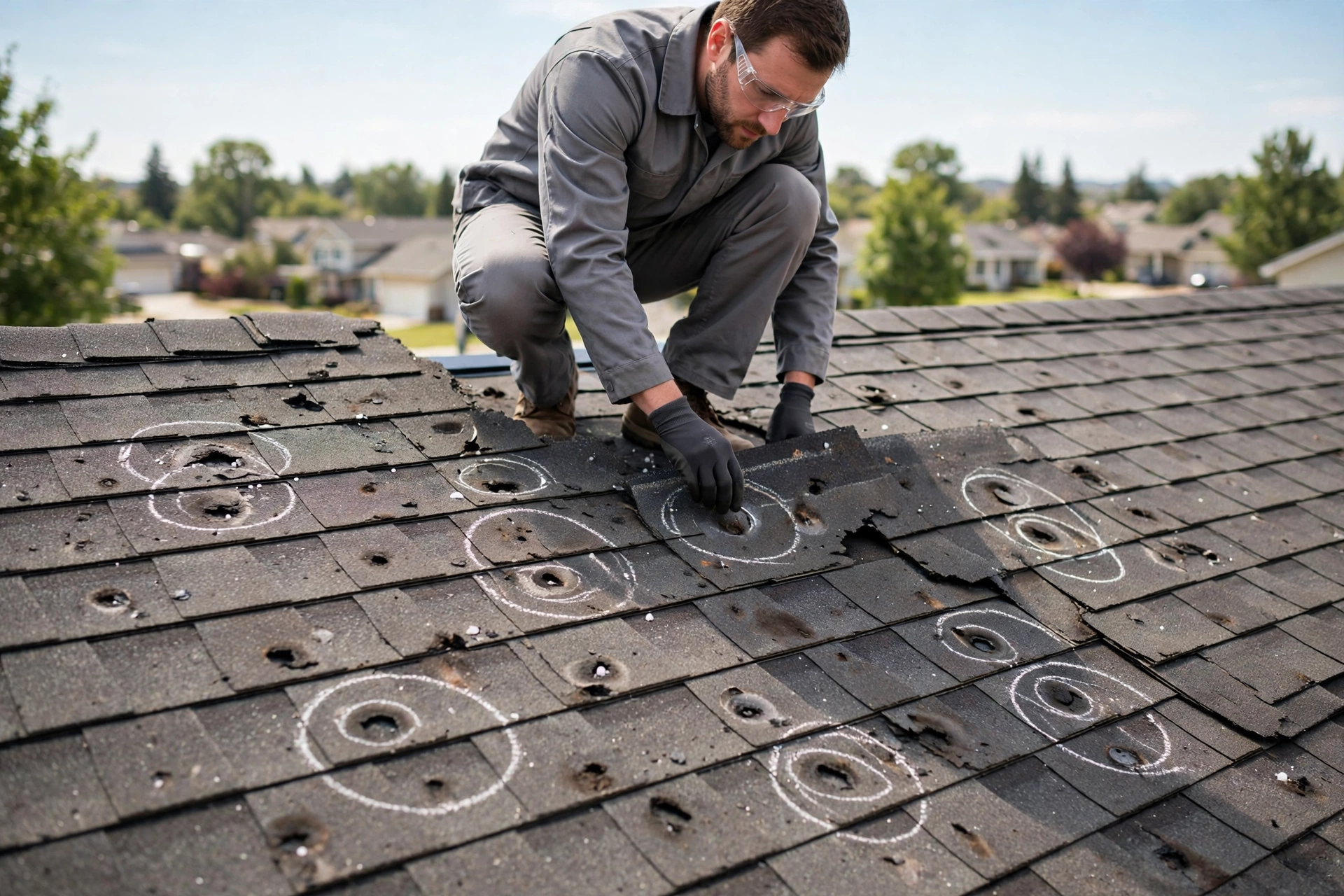 Inspector examining hail-damaged shingles with chalk marks