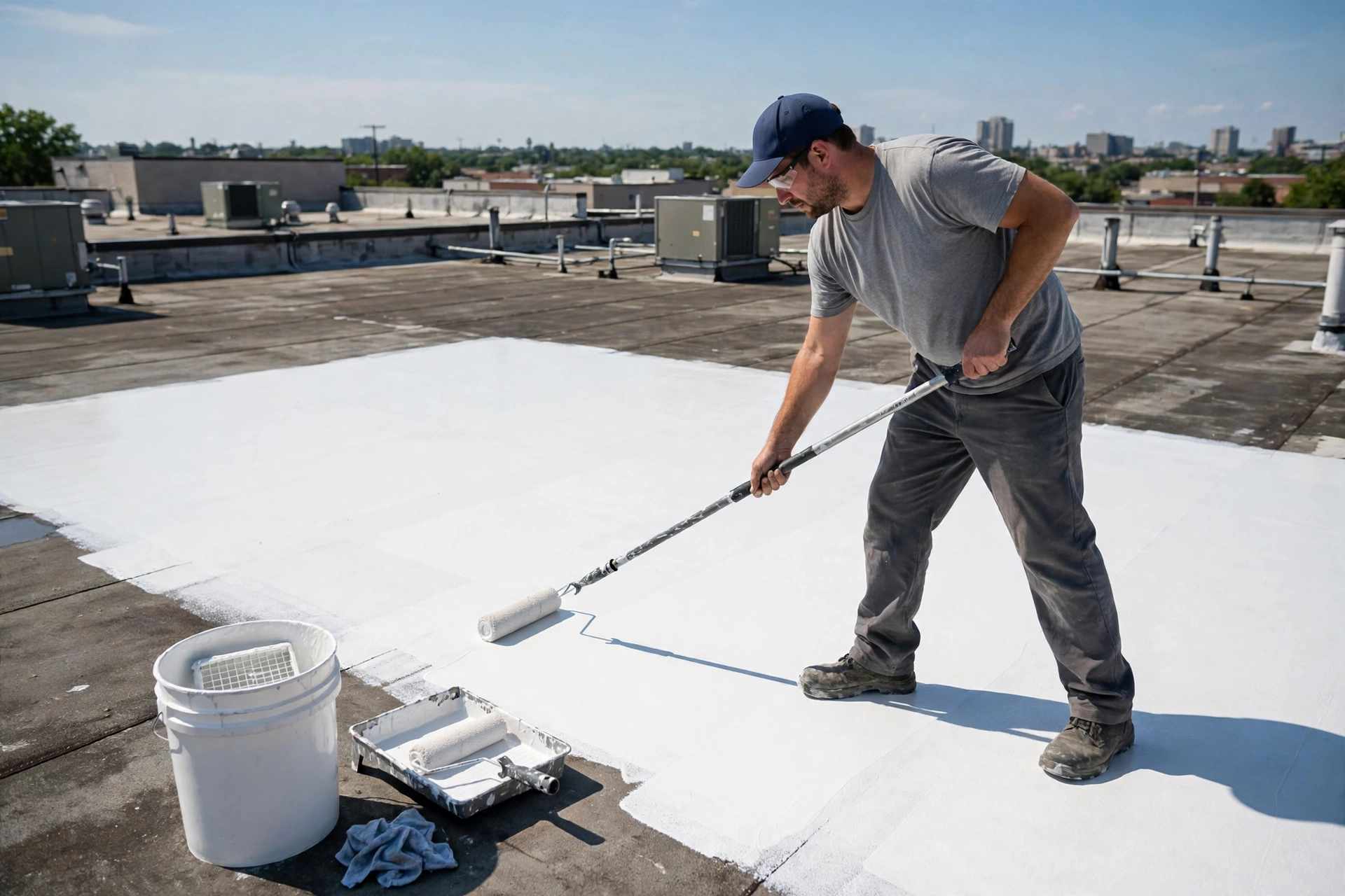 Worker applying white elastomeric coating on a flat roof